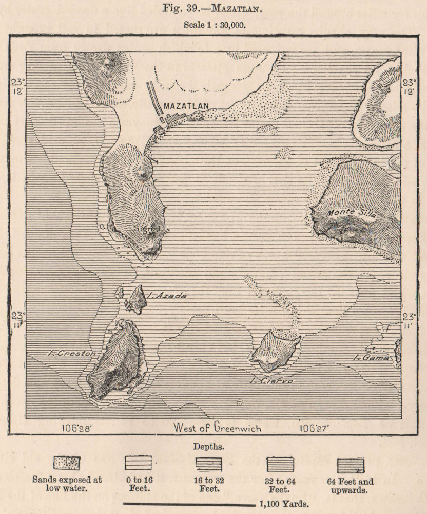 Mazatlan. Mexico 1885 old antique vintage map plan chart